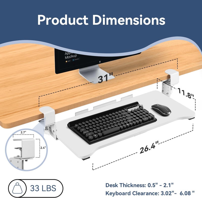 VUSIGN Keyboard Tray Under Desk Height Adjustable,Pull Out with Adjustable C Clamp Mount System for L-Shaped Tables, Extra Sturdy, 26.4” x 11.8” Slide-Out Platform Computer Drawer for Typing,White - Image 2